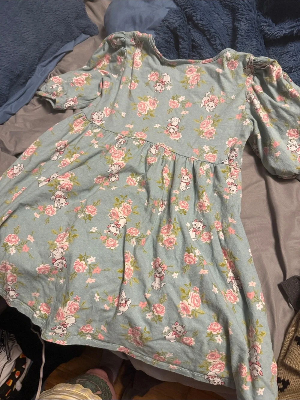 Disney Girls' Seafoam Green Floral Dress with Pink Roses and Marie Kitten